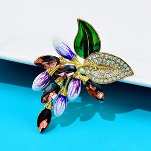 Rhinestone Flower Brooches Beautiful Enamel Grapes Pin